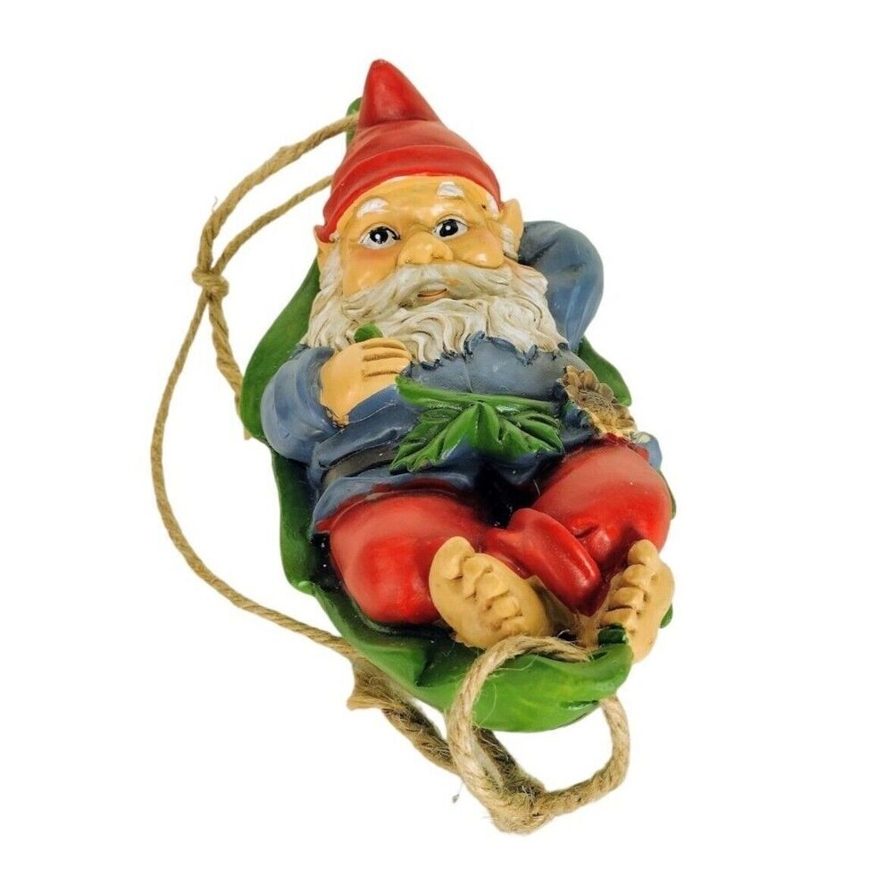 Garden Gnome Hanging Holding a Flower Figurine in a Leaf Hammock 8" NEW